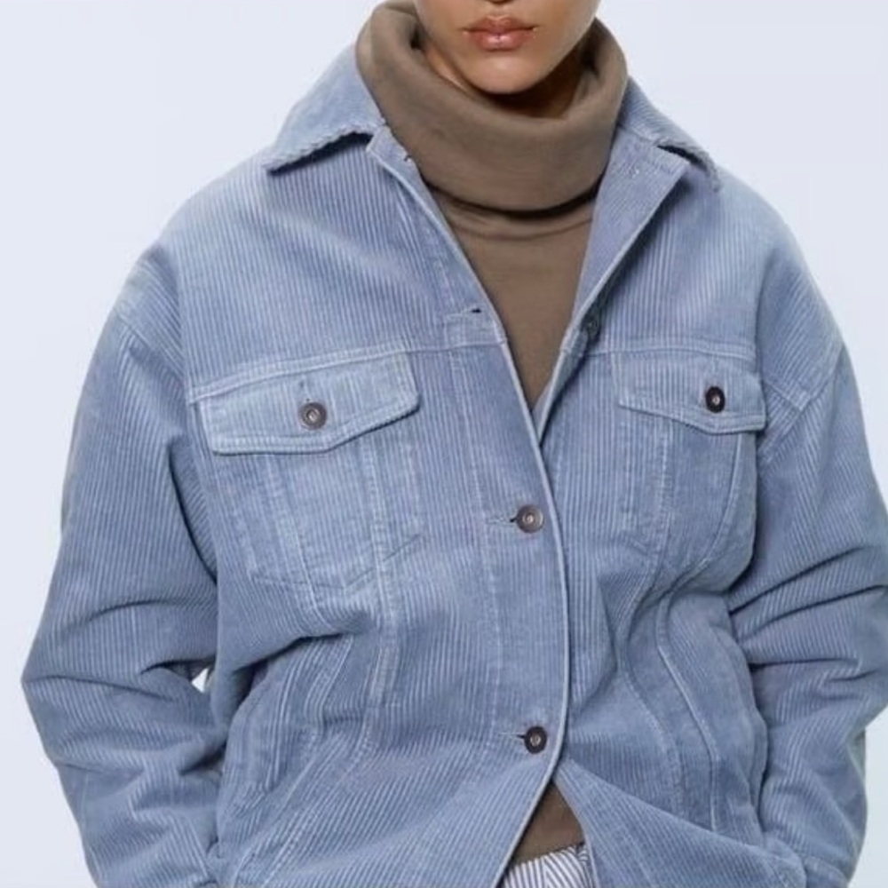 Zara Corduroy Button Down Shacket Sz XS Blue